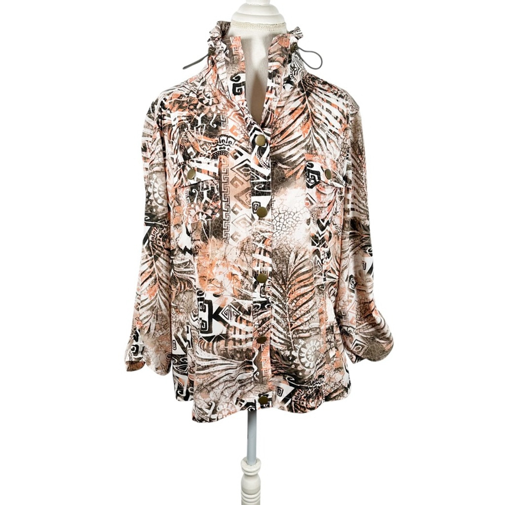 Chicos Tropical Aztec Snap Up Jacket Toggle Neck Artsy Beachy Top Size 3 = XL - Picture 2 of 11